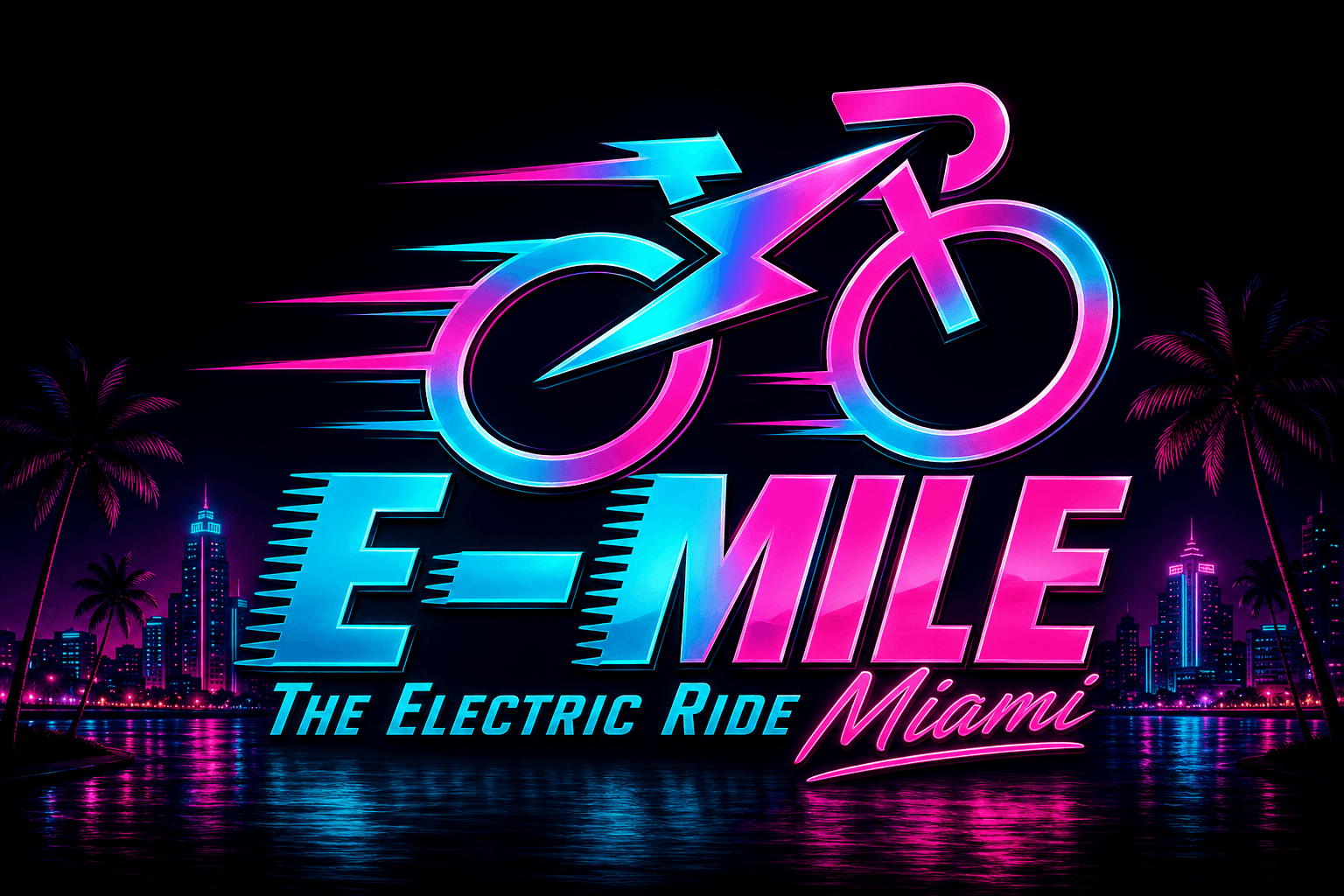 Neon synthwave logo for E-MILE featuring a bicycle icon over a Miami night skyline.